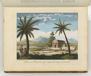 Haus und Plantage eines Häuptlings der Insel Otaheite, Illustration aus "A journal of a voyage to the South Seas: in His Majesty